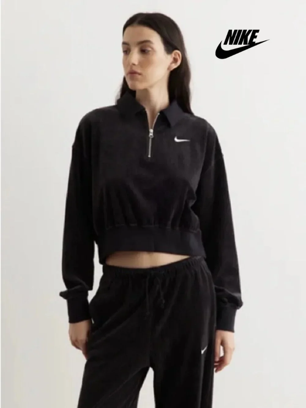 Nike Women's Cropped Corduroy Quarter Zip Hoodie XS Charcoal Gray
